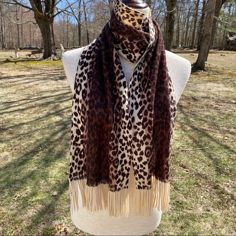 ECHO SCARF ACCESSORY TAN BROWN ANIMAL LEOPARD PRINT FRINGE